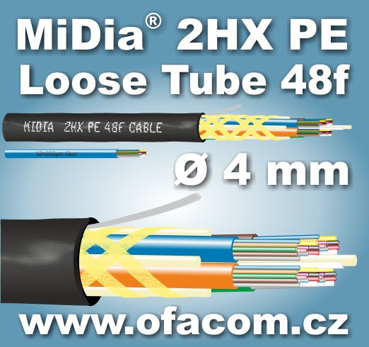MiDia 2HX 48f - nejmenší konstrukce Loose Tube optického mikrokabelu s 48 vlánkny o průměru 4 mm.