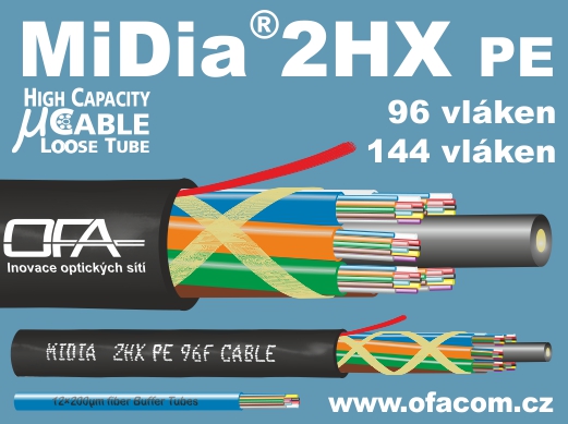 Miniaturní vysokokapacitní optický mikrokabel MiDia® 2HX s 96 a 144 optickými vlákny.