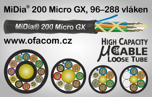 Vysokokapacitní optický mikrokabel MiDia® 200 Micro GX 96 až 288 optickými vlákny o průměru 200µm organizovanými poi 24 v trubičce.