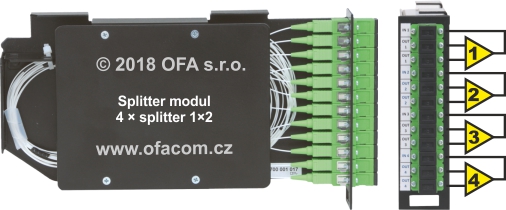Optické splittery instalované v jednom z modulů rozváděčovéhu systému OFA HC 144.