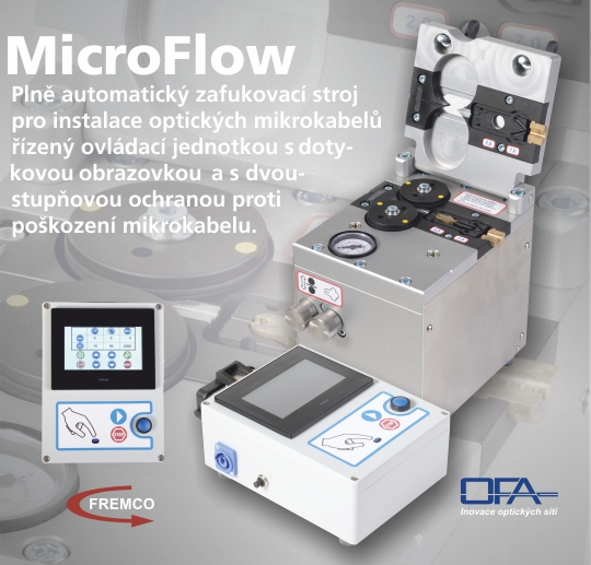 Zafukovačka optických mikrokabelů Fremco MicroFlow s elektrickým pohonem.