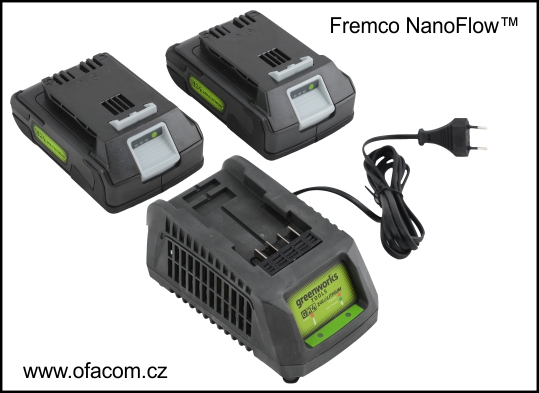Zafukovací stroj Fremco NanoFlow - výměnné baterie a rychlonabíječka akumulátorů.