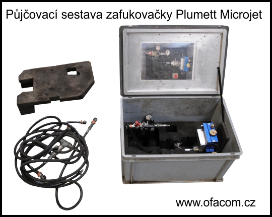 Půjčovací sestava zafukovačky Plumett MicroJet s příslušenstvím pro zafukování..