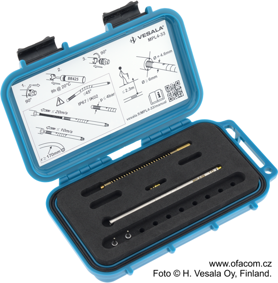 Miniaturní sonda s vysílačem Vesala MPL4-33 v plastovém pouzdře.