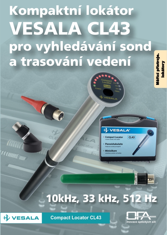 Univerzální lokátor pro vyhledávání závad trubiček nebo chrániček a trasování a identifikaci kabelů, žil a vodičů Vesala CL43.