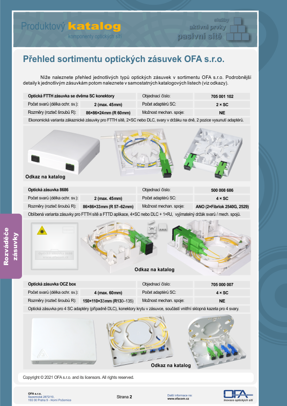 Přehled - sortiment optických zásuvek nabízených OFA s.r.o.