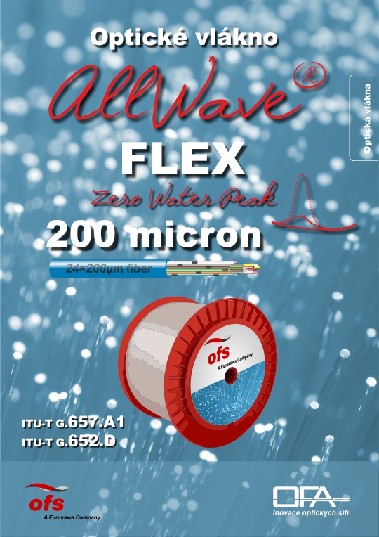 Jednovidové 200µm optické vlákno výrobce OFS AllWave Flex 200 micronZero Water Peak, splňující požadavky ITU-T G.657.A1..
