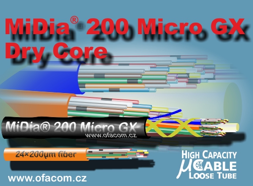 Optický mikrokabel MiDia® 200 Micro GX Dry Core s 96, 144, 192 a 288 optickými vlákny o průměru 200 µm 
