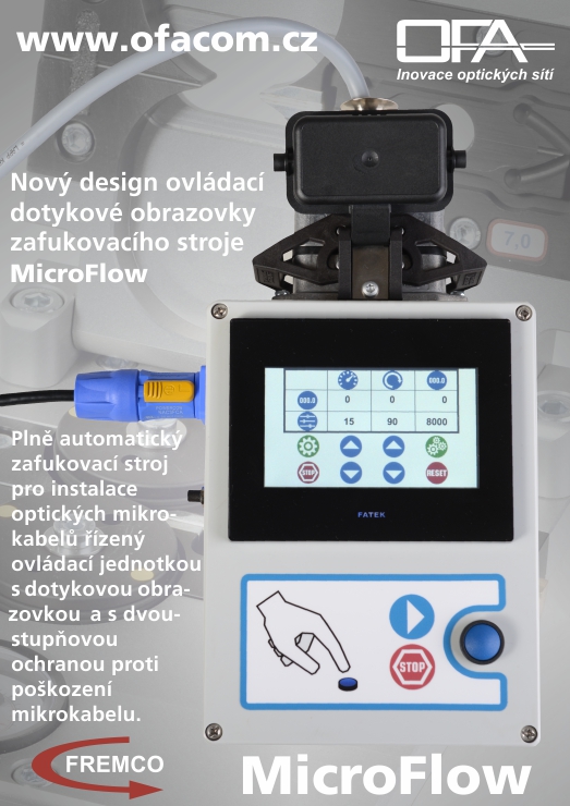 Nový design ovládací dotykové obrazovky zafukovačky Fremco MicroFlow, kde bylo textové menu nahrazeno grafickými symboly.