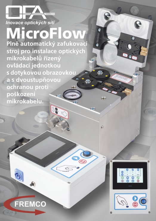 Zafukovaví stroj pro instalace optiky Fremco MicroFlow předstahuje oblíbené řešení zafukovačky mikrokabelů.