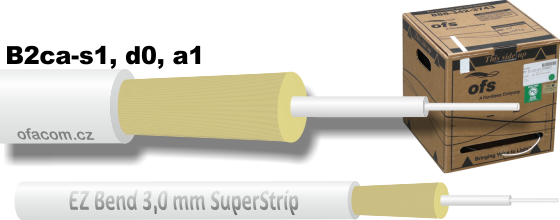 Odolný vnitřní optický kabel EZ-Bend 3,0 mm dle specifikace ITU-T G.657.B3, třída reakce na oheň B2ca.