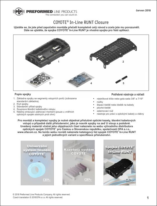Montážní návod optické spojky PLP COYOTE In-Line RUNT, 144 svarů optických vláken.