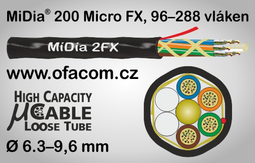 Vysokokapacitní optický mikrokabel  MiDia® 200 Micro FX s 96 až 288 optickými vlákny o průměro 200 µm