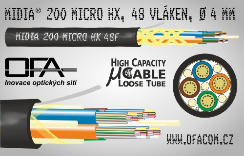 Vysokokapacitní optický mikrokabel  MiDia® 200 Micro HX se 48 vlákny o průměru 4 mm