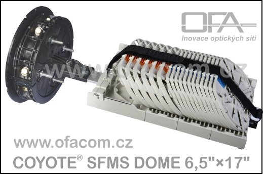 Optická spojka pro přístupové sítě COYOTE DOME SFMS s listovacím kazetovým systémem.