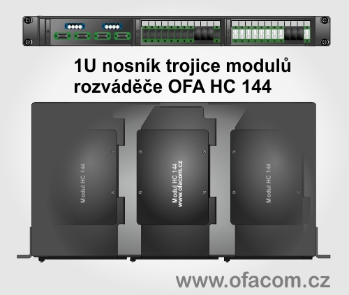 Nosník tří modulů optického rozváděče OFA HC 144 určený k montáži do 19" stojanu nebo rozváděče o výšce 1U.