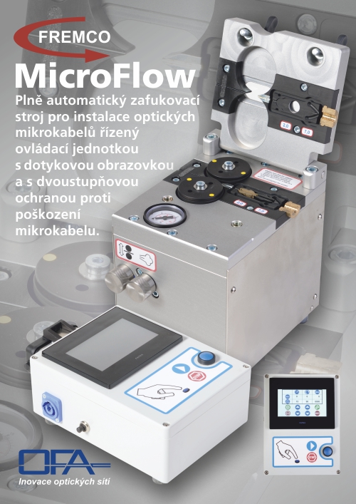 Zafukovačka (zafukovací stroj) Fremco MicroFlow pro instalace optických mikrokabelů o průměru 0,8–5 mm do mikrotrubiček Ø 5–16 mm